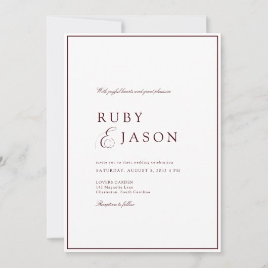 Elegant Royal Burgundy & White Script Wedding 招待状 (正面)