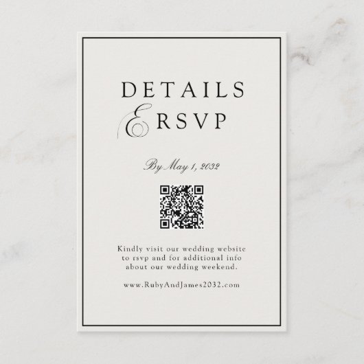 Elegant Royal Ivory & Black QR Code Wedding RSVP  エンクロージャーカード (正面)