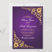 Elegant Royal Purple and Gold Floral Wedding 招待状 (正面)