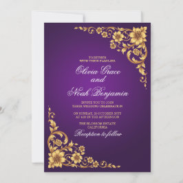 Elegant Royal Purple and Gold Floral Wedding 招待状