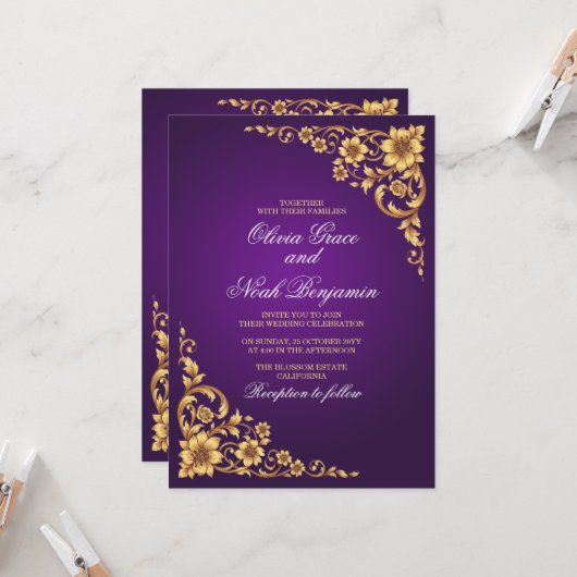 Elegant Royal Purple and Gold Floral Wedding 招待状 (正面/裏面インサイチュ)
