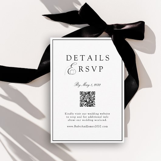 Elegant Royal White & Black QR Code Wedding RSVP  エンクロージャーカード