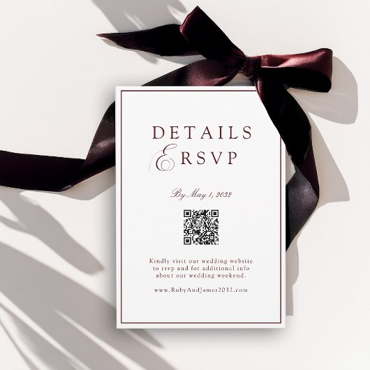 Elegant Royal White & Burgun QR Code Wedding RSVP  エンクロージャーカード