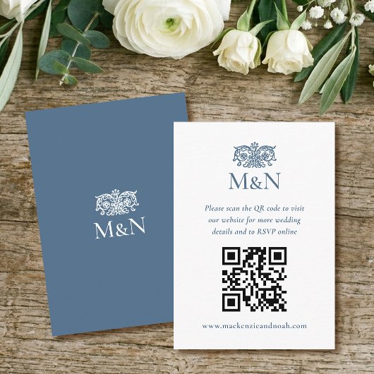 Elegant RSVP Wedding Monogram QR Code Blue White エンクロージャーカード