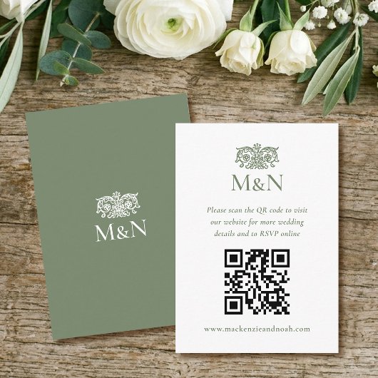 Elegant RSVP Wedding Monogram QR Code Green エンクロージャーカード