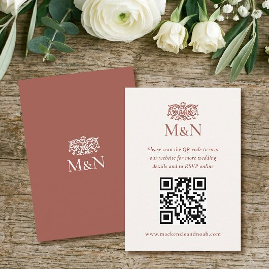 Elegant RSVP Wedding Monogram QR Code Terracotta エンクロージャーカード