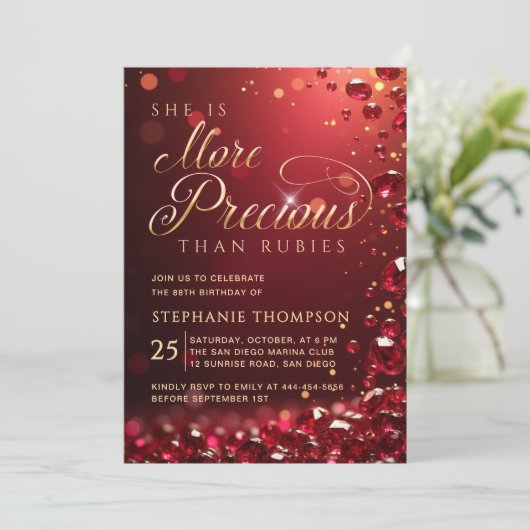 Elegant Ruby Red Gold Calligraphy 80th Birthday 招待状 (スタンド正面)