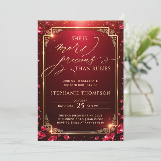 Elegant Ruby Red Gold Deco Frame 80th Birthday 招待状 (スタンド正面)
