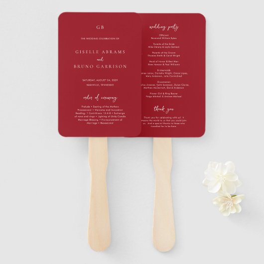Elegant Ruby Red Modern Wedding Program ハンドファン (正面&裏面)