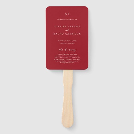 Elegant Ruby Red Modern Wedding Program ハンドファン (正面)