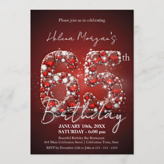 Elegant Ruby Red & Silver Gemstone 65th Birthday 招待状 (正面)