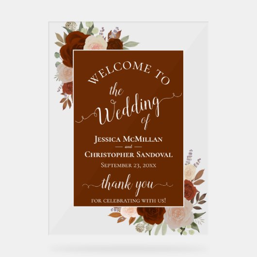 Elegant Rust Orange Boho Roses Wedding Welcome アクリルサイン (正面)