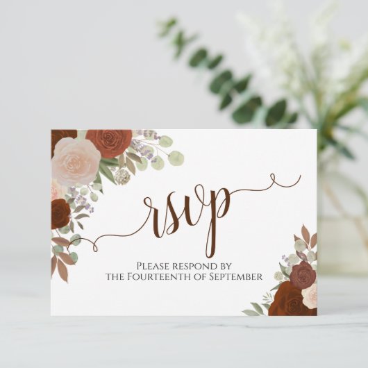 Elegant Rust Orange Floral Calligraphy Wedding 出欠カード (スタンド正面)