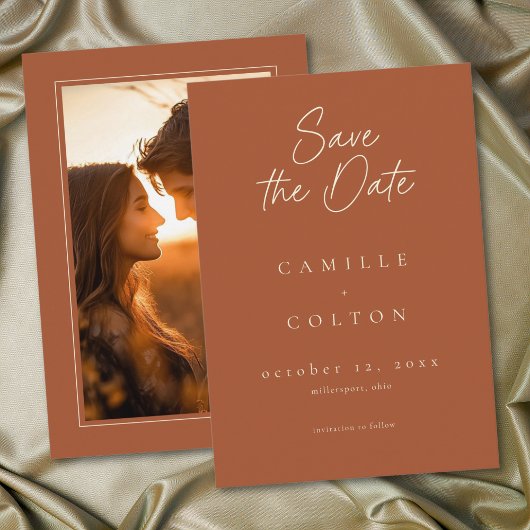 Elegant Rust Terracotta Minimalist Wedding Photo セーブザデート