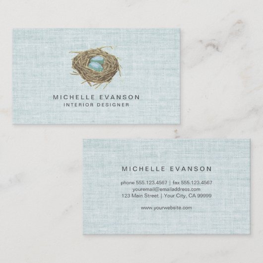 Elegant Rustic Bird Nest Pastel Blue Linen 名刺 (正面/裏面)