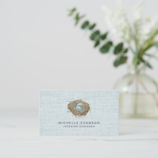Elegant Rustic Bird Nest Pastel Blue Linen 名刺 (スタンド正面)
