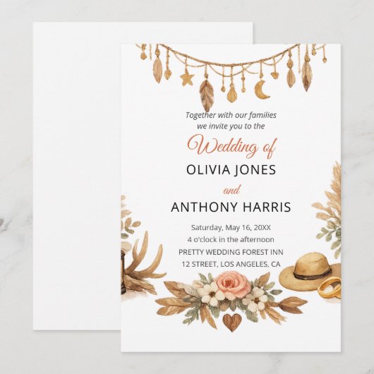 Elegant Rustic Boho Floral Chic Wedding  招待状 (正面/裏面)