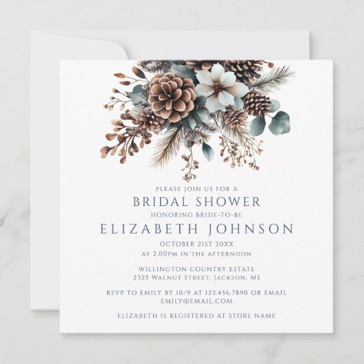 Elegant Rustic Boho Floral Pinecone Bridal Shower 招待状 (正面)