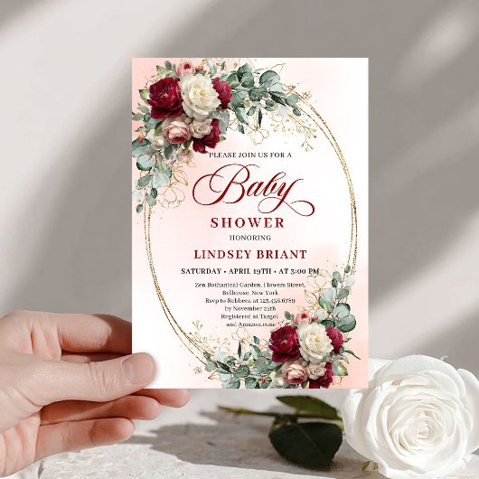 Elegant Rustic Burgundy Floral Gold Baby Shower   招待状