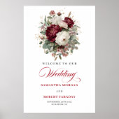Elegant Rustic Burgundy Floral Gold Welcome Poster ポスター (正面)
