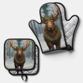 Elegant rustic Christmas moose winter landscape 鍋つかみ&鍋敷きセット (正面/裏面)