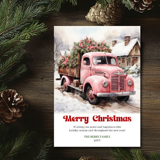 Elegant rustic Christmas scene pink truck greeting シーズンカード