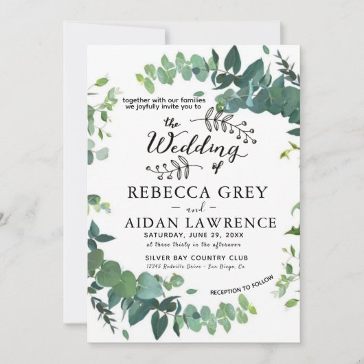 Elegant Rustic Eucalyptus Green Wedding Invitation 招待状 (正面)