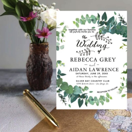 Elegant Rustic Eucalyptus Green Wedding Invitation 招待状