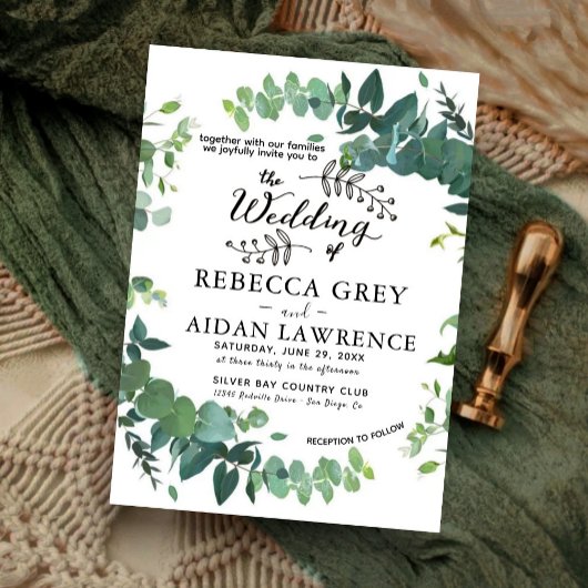 Elegant Rustic Eucalyptus Green Wedding Invitation 招待状