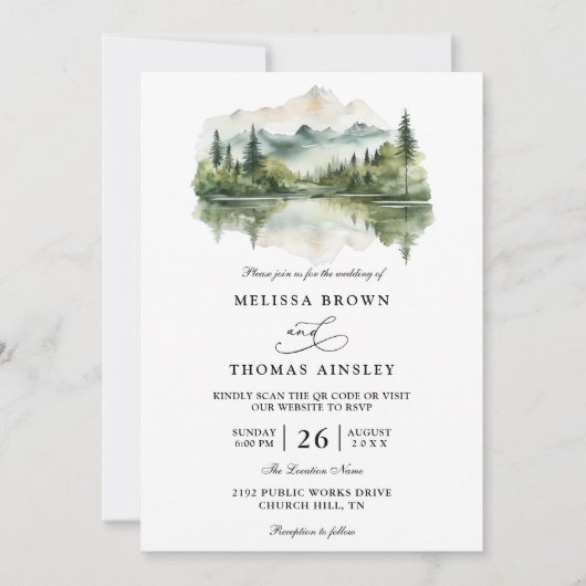 Elegant Rustic Mountain Budget QR Code Wedding 招待状 (正面)
