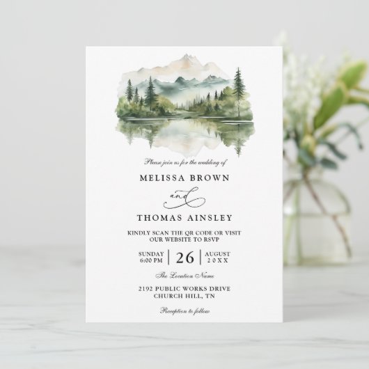 Elegant Rustic Mountain Budget QR Code Wedding 招待状 (スタンド正面)