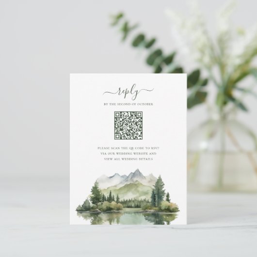 Elegant Rustic Mountain Landscape QR Code Wedding 出欠カード (スタンド正面)