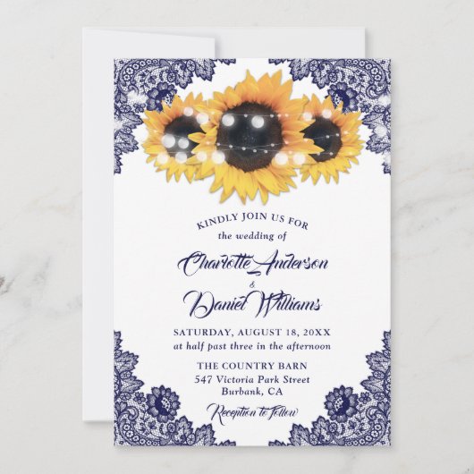 Elegant Rustic Navy Blue Lace Sunflower Wedding 招待状 (正面)