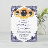 Elegant Rustic Navy Blue Lace Sunflower Wedding 招待状 (スタンド正面)