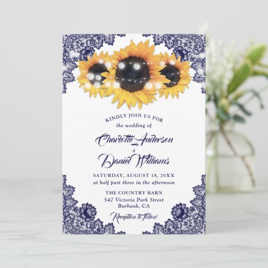 Elegant Rustic Navy Blue Lace Sunflower Wedding 招待状 (スタンド正面)