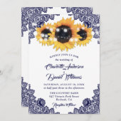 Elegant Rustic Navy Blue Lace Sunflower Wedding 招待状 (正面/裏面)