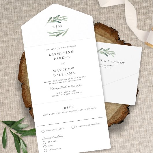 Elegant Rustic Olive Branch Watercolor Wedding オールインワン招待状