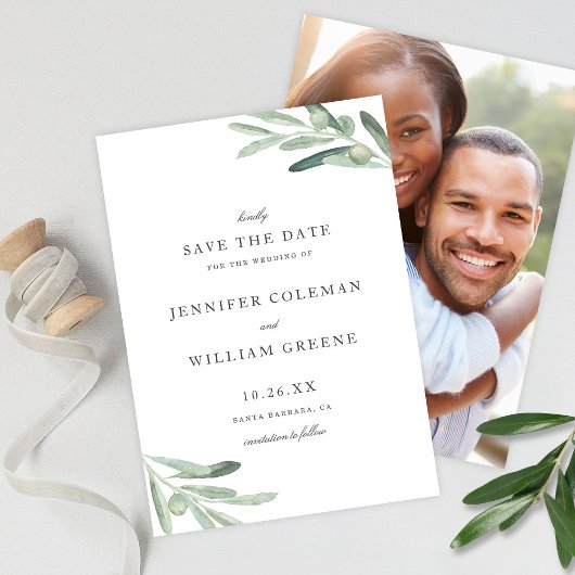 Elegant Rustic Olive Watercolor Wedding セーブザデート