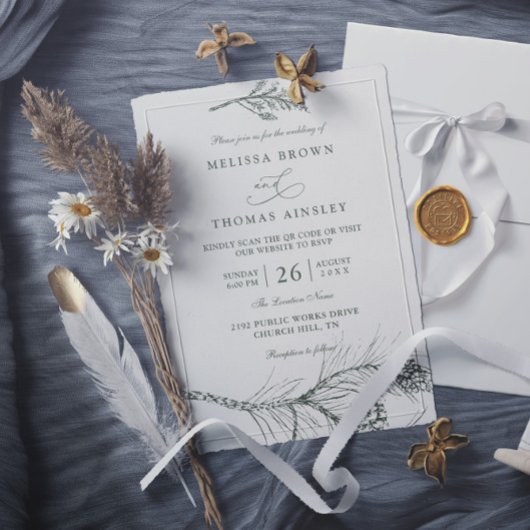 Elegant Rustic Pine Branch QR Code Wedding 招待状
