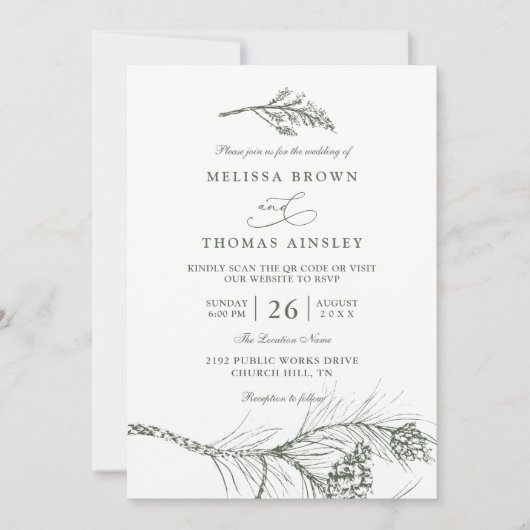 Elegant Rustic Pine Branch QR Code Wedding 招待状 (正面)