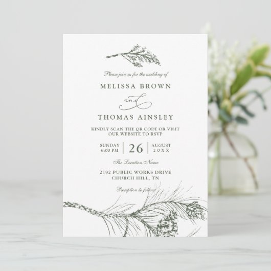 Elegant Rustic Pine Branch QR Code Wedding 招待状 (スタンド正面)