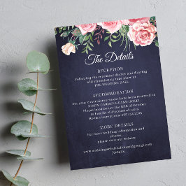 Elegant rustic pink floral navy wedding details エンクロージャーカード