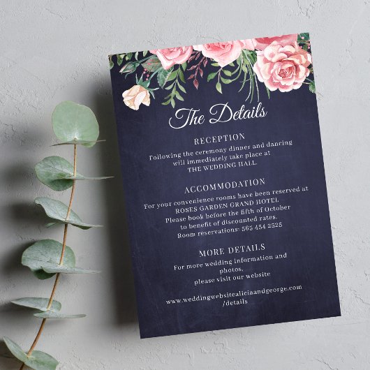 Elegant rustic pink floral navy wedding details エンクロージャーカード