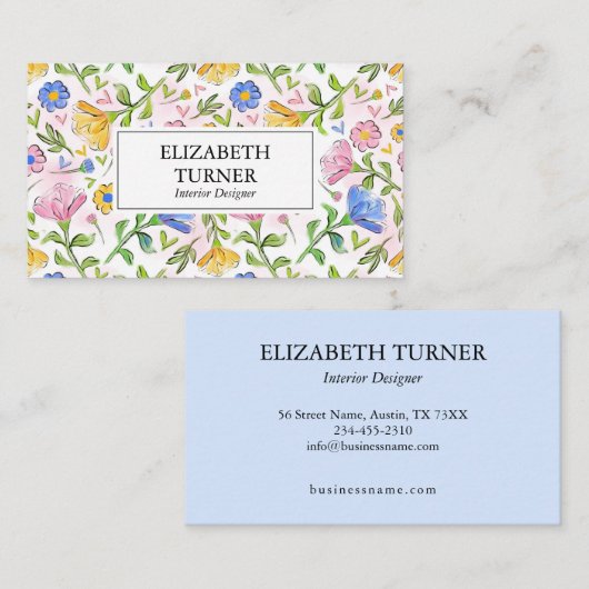 Elegant Rustic Pink Yellow Blue Floral Pattern 名刺 (正面/裏面)