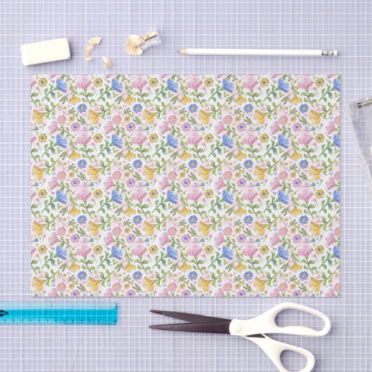 Elegant Rustic Pink Yellow Blue Floral Pattern 薄葉紙 (クラフト)