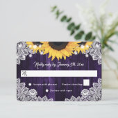 Elegant Rustic Purple Wood Lace Sunflower Wedding 出欠カード (スタンド正面)