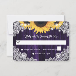 Elegant Rustic Purple Wood Lace Sunflower Wedding 出欠カード