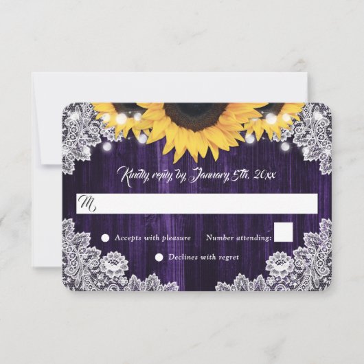 Elegant Rustic Purple Wood Lace Sunflower Wedding 出欠カード (正面)