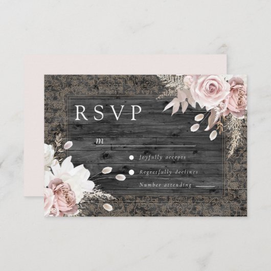Elegant Rustic Vintage Blush Floral Wedding 出欠カード (正面/裏面)