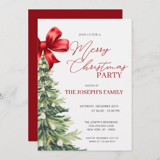 Elegant Rustic Watercolor Christmas Tree Party 招待状 (正面/裏面)